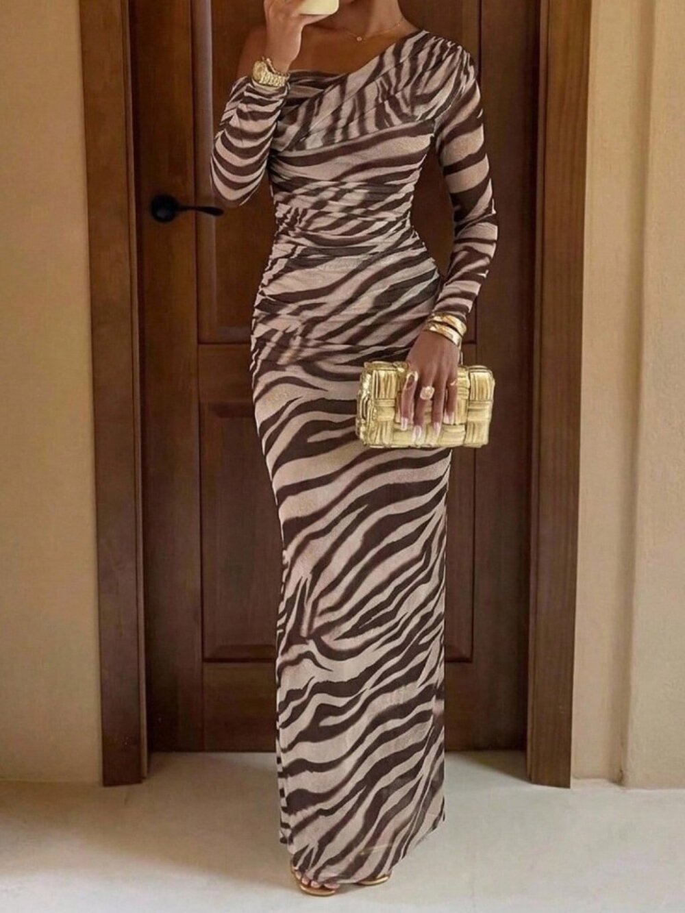 Light Grey Elegant Women's Asymmetrical Neck Ruched Midi Bodycon Dress